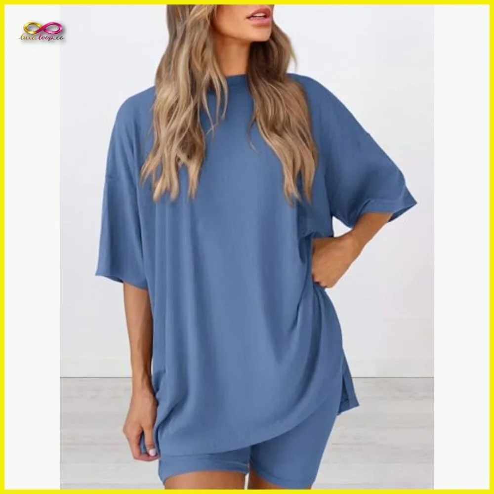 Oversized Short Sleeve Shirt Biker Shorts Matching Lounge Set Comfy Casual